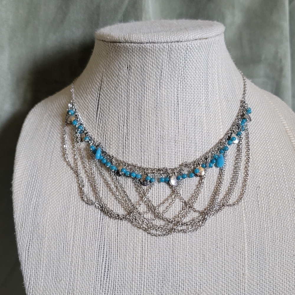 Boho Hippie Coastal Cowgirl Festival Layered Silver,Turquiose Statement Necklace